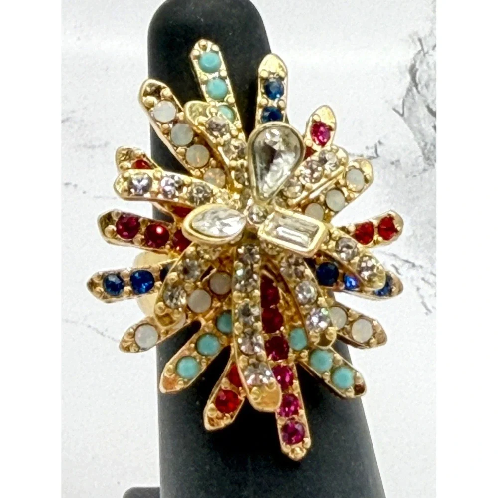 Vintage Style Multicolor Rhinestone Turquoise Cabochon Burst Ring Size 6